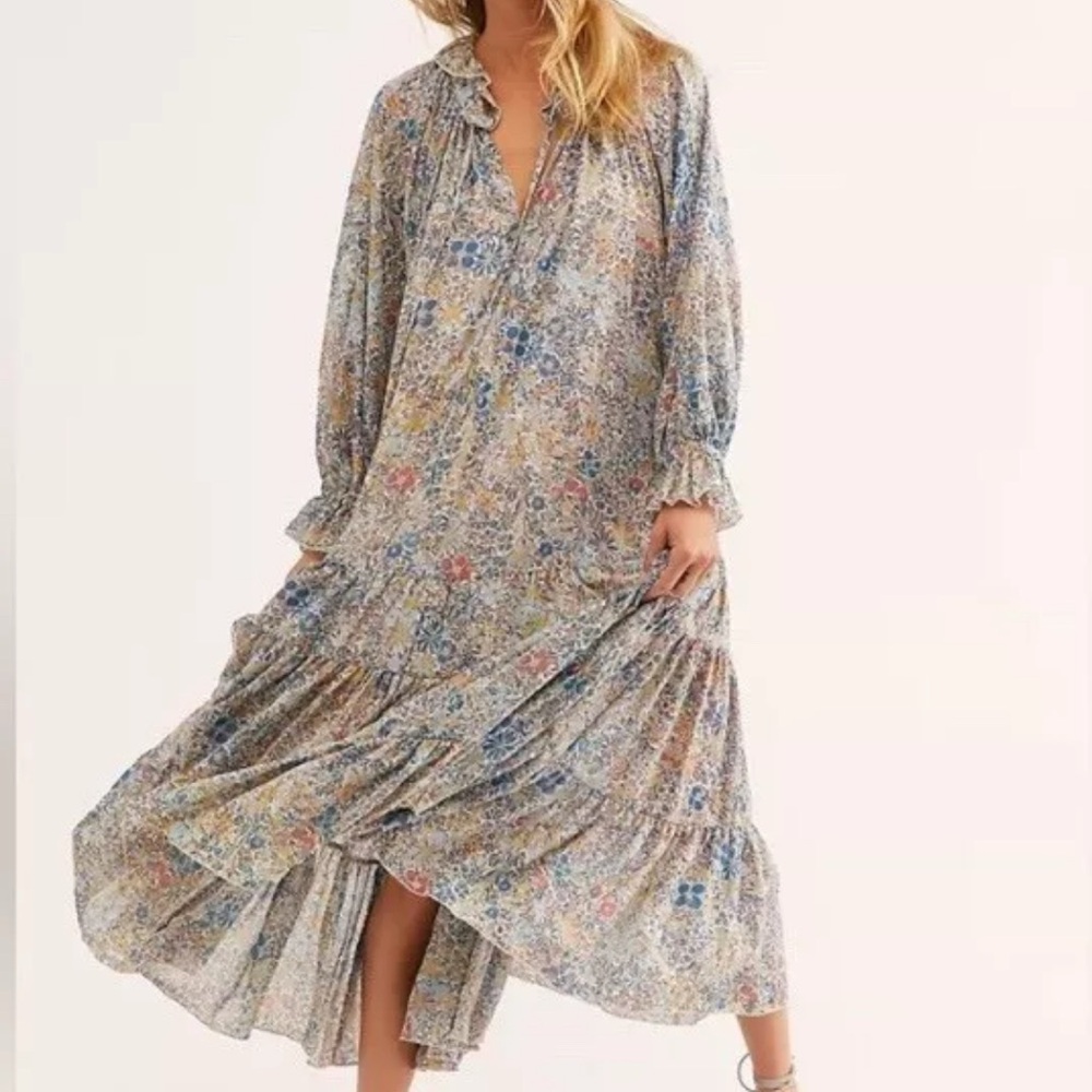 Free People Feeling Groovy SHEER Maxi Dress Size S Oversized Floral Tiered